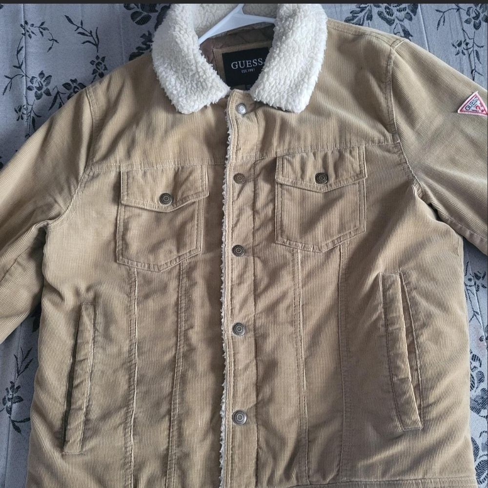 GUESS Men's Beige Corduroy Jacket with Sherpa Collar